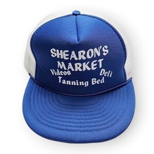 Vintage 80s Trucker Hat Shearons Market Nissin Cap Hillbilly Snapback Blue White